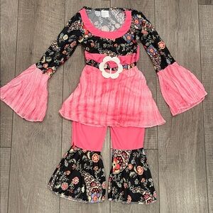 Hippie 60s 70s Floral Halloween Kids Dance Costume with Pink and Black Accents